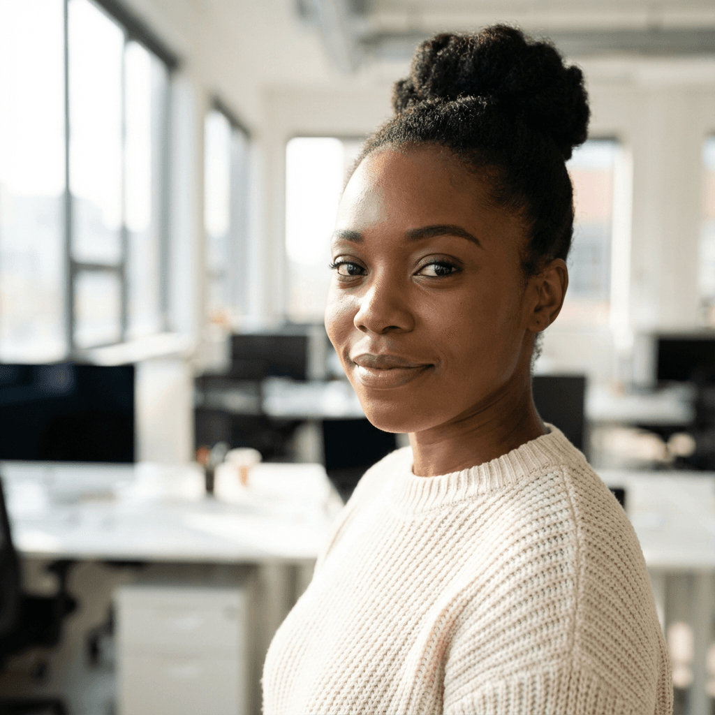 Amara Osei wearing a blazer in a modern medical office