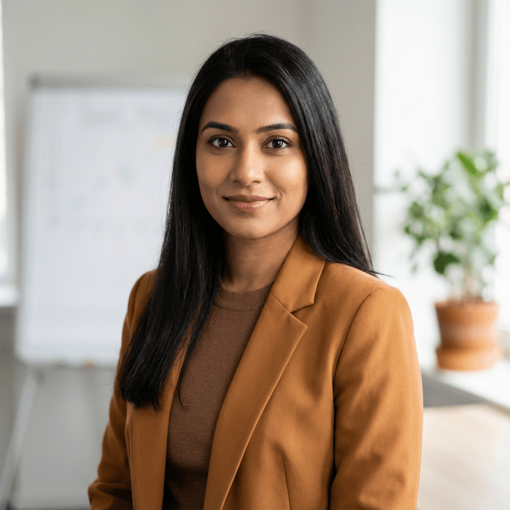 Portrait of Priya Sharma in a smart casual blouse
