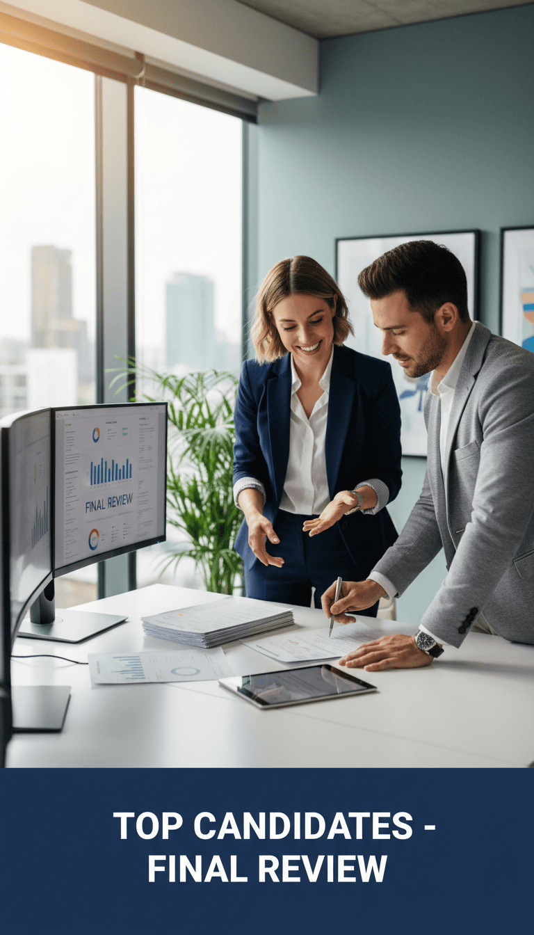 Recruiter and hiring manager reviewing resumes together in a bright office