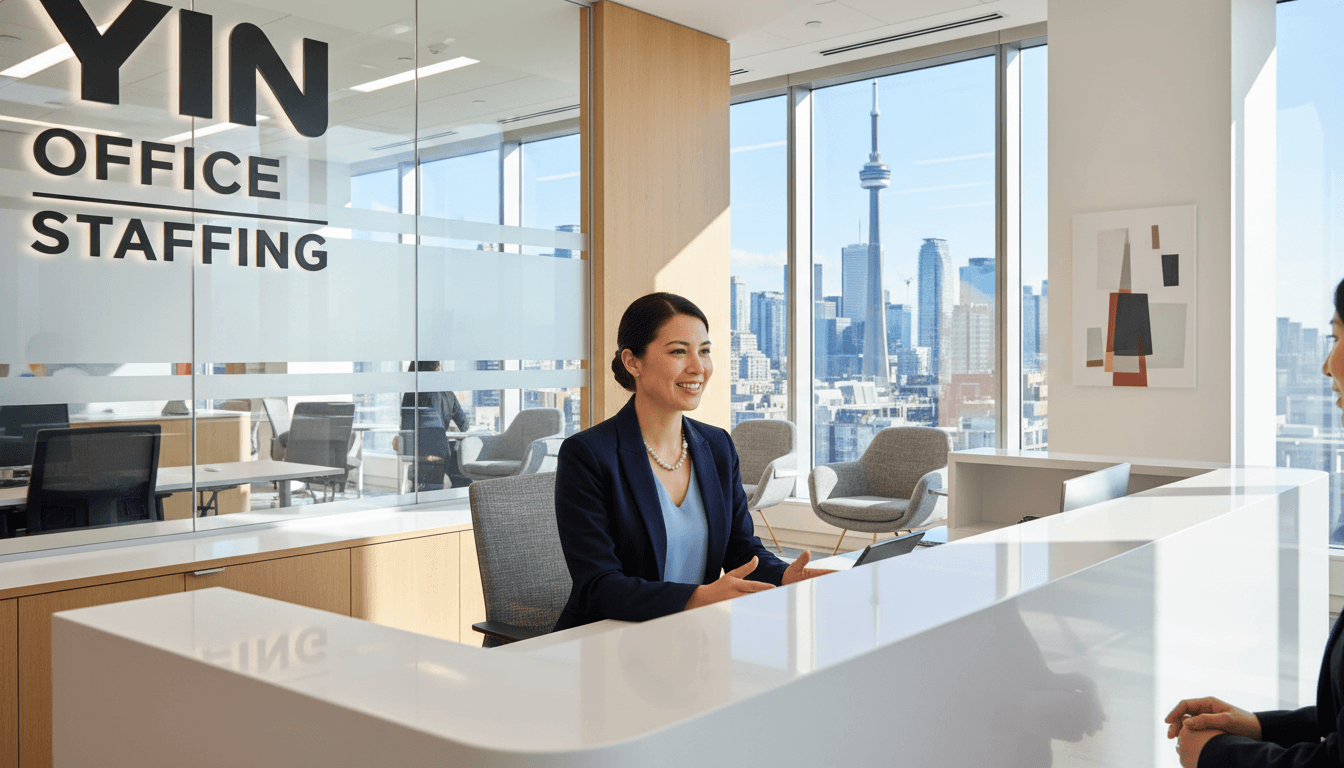 Receptionist at a modern Toronto office front desk, engaging with a client, showcasing a welcoming and professional environment.