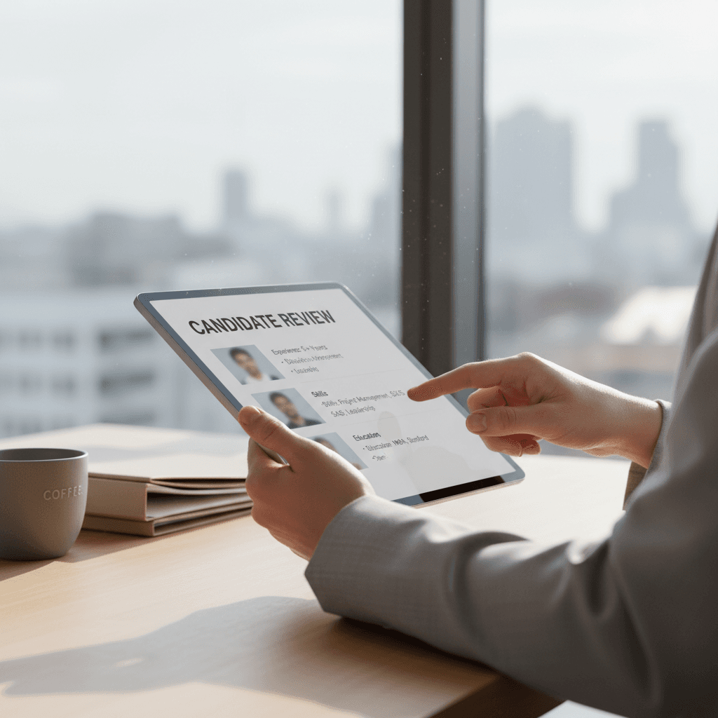 Staffing consultant reviewing candidate profiles in a bright Toronto office