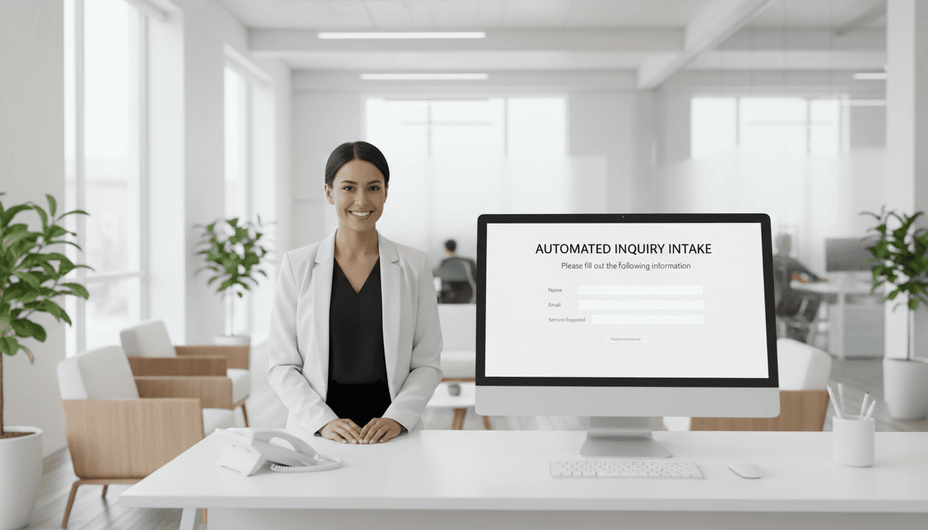 Receptionist greeting a visitor at a bright modern office front desk
